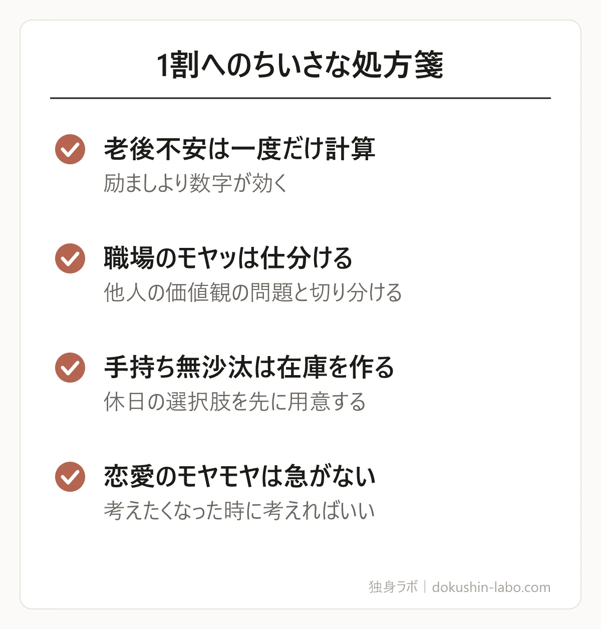 1割へのちいさな処方箋(老後不安は一度だけ計算、職場のモヤッは仕分ける、手持ち無沙汰は在庫を作る、恋愛のモヤモヤは急がない)の図解