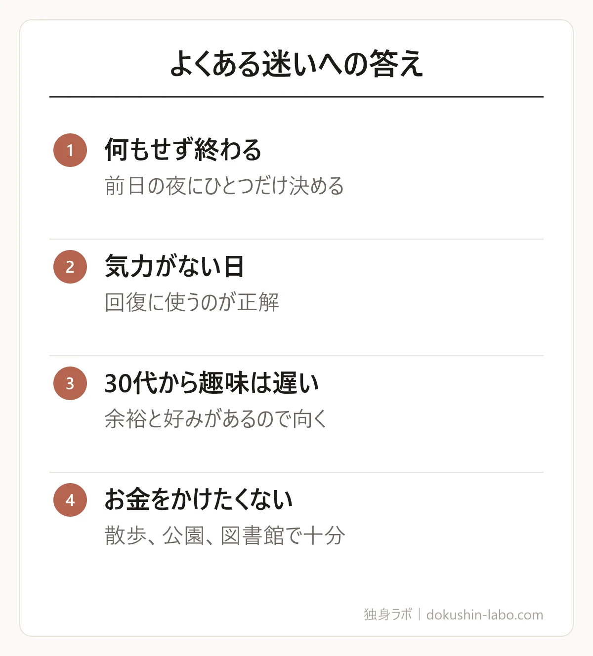 よくある迷いへの答え(何もせず終わる、気力がない日、30代から趣味は遅い、お金をかけたくない)の図解