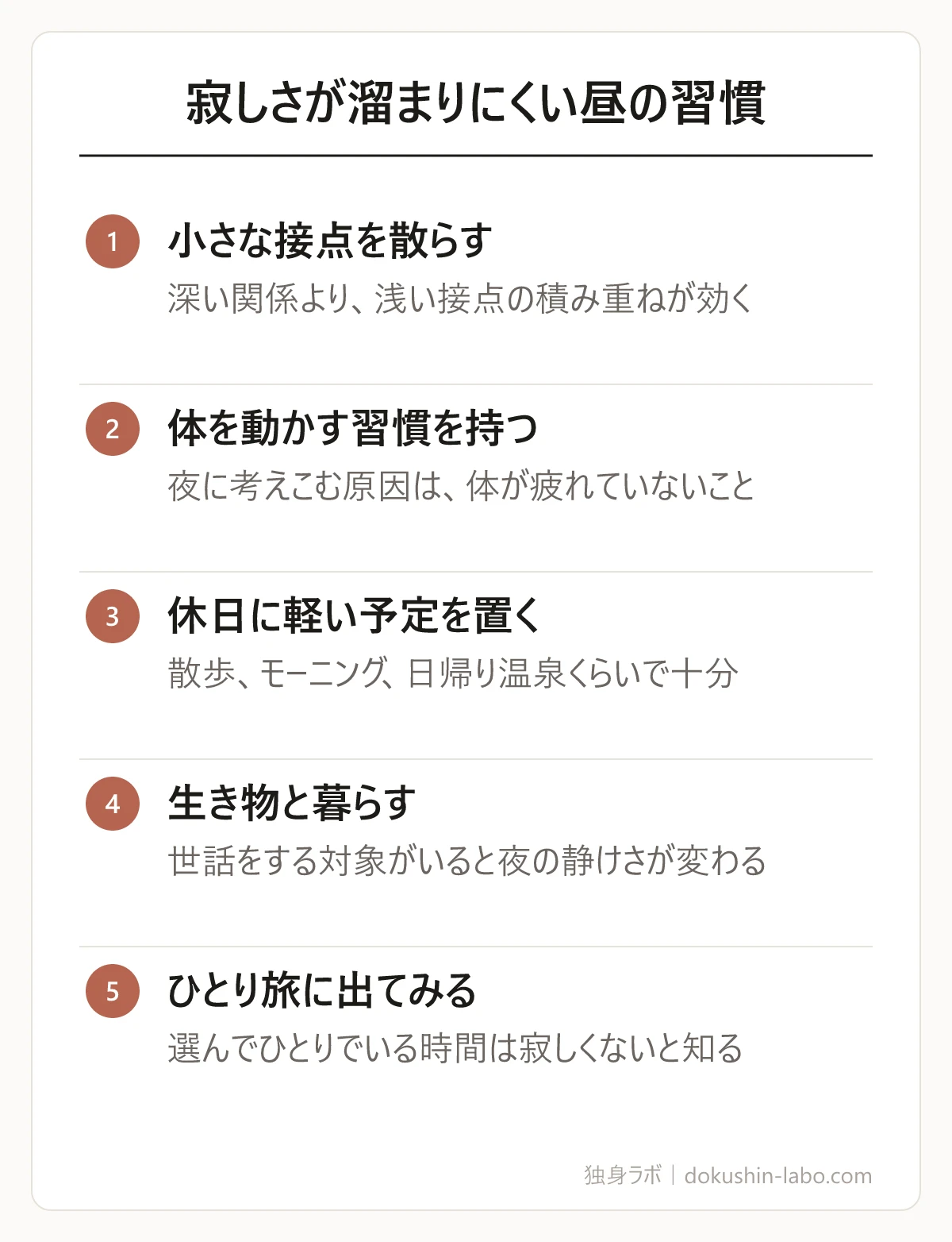 寂しさが溜まりにくい昼の習慣(小さな接点を散らす、体を動かす習慣を持つ、休日に軽い予定を置く、生き物と暮らす、ひとり旅に出てみる)の図解
