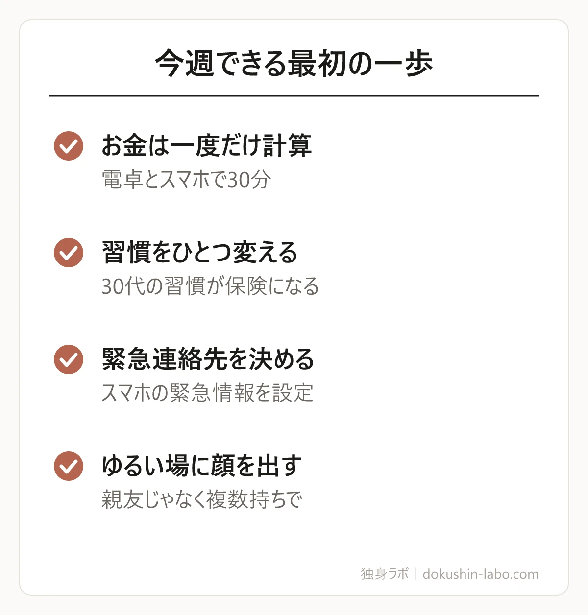 今週できる最初の一歩(お金は一度だけ計算、習慣をひとつ変える、緊急連絡先を決める、ゆるい場に顔を出す)の図解