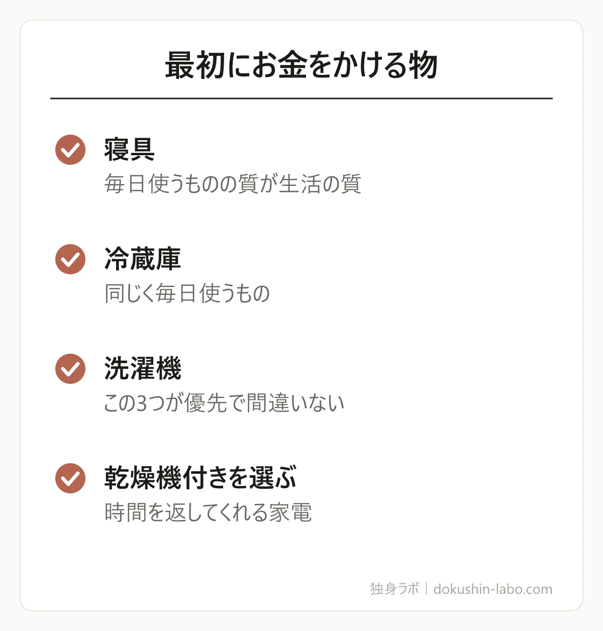 最初にお金をかける物(寝具、冷蔵庫、洗濯機、乾燥機付きを選ぶ)の図解