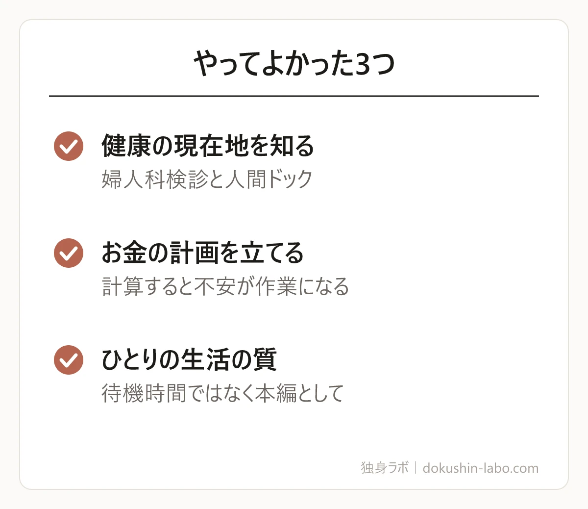 やってよかった3つ(健康の現在地を知る、お金の計画を立てる、ひとりの生活の質)の図解