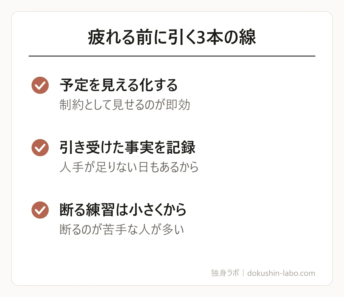疲れる前に引く3本の線(予定を見える化する、引き受けた事実を記録、断る練習は小さくから)の図解