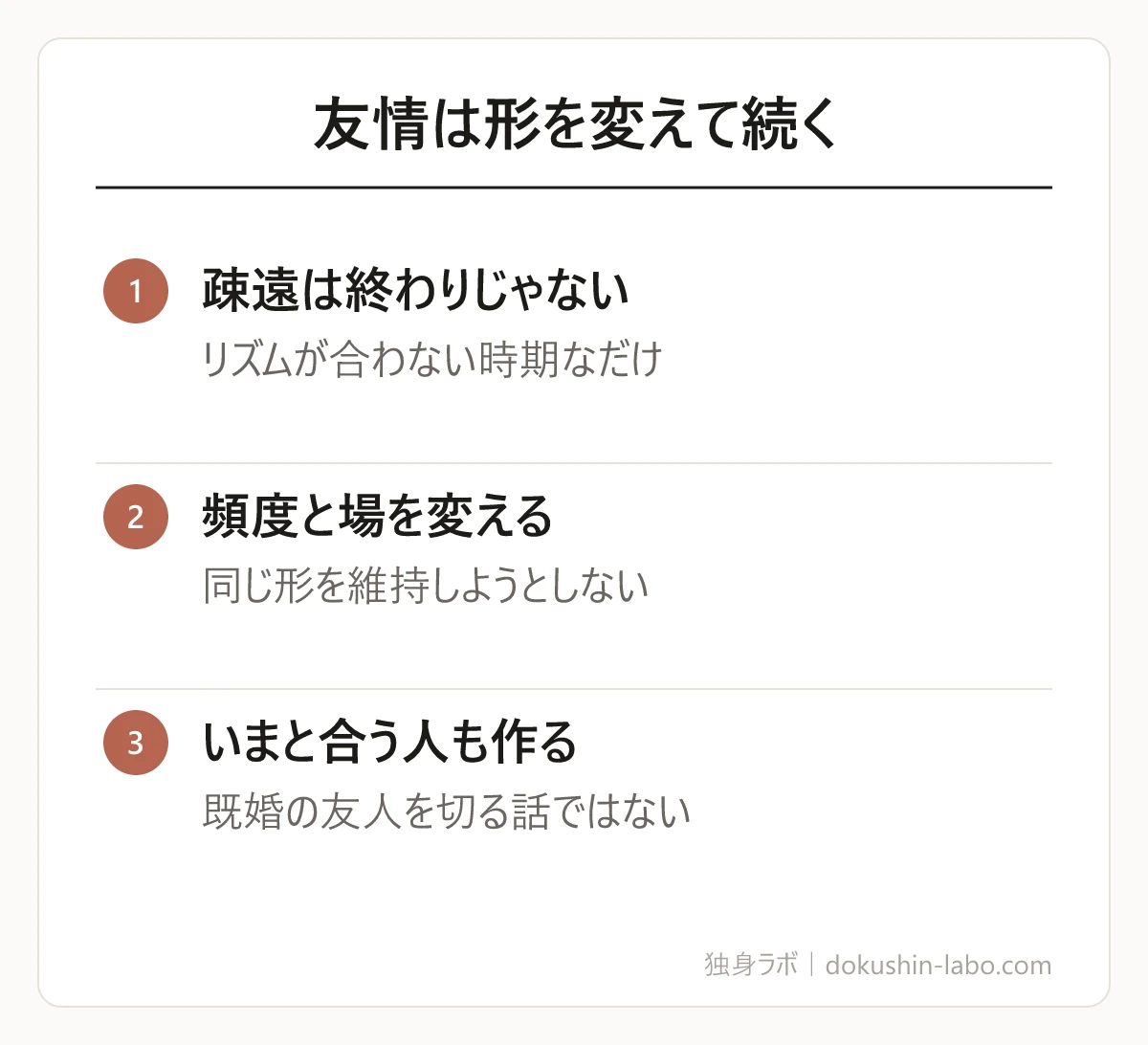 友情は形を変えて続く(疎遠は終わりじゃない、頻度と場を変える、いまと合う人も作る)の図解