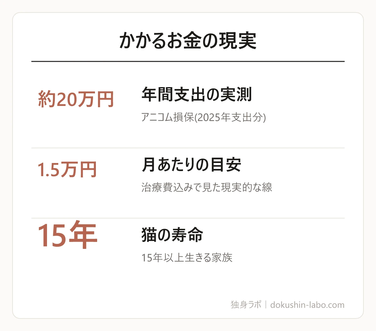 かかるお金の現実(年間支出の実測、月あたりの目安、猫の寿命)の図解