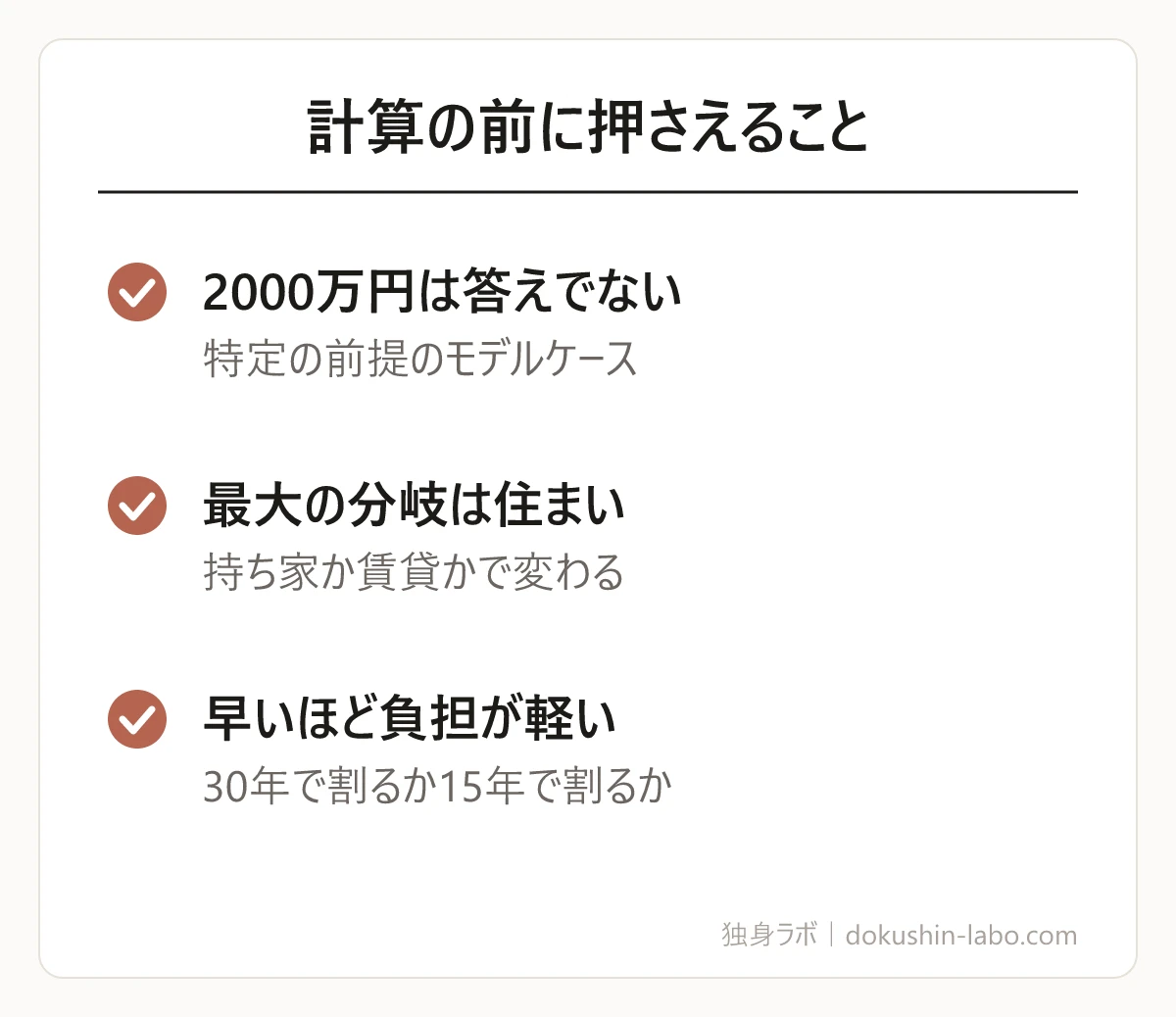 計算の前に押さえること(2000万円は答えでない、最大の分岐は住まい、早いほど負担が軽い)の図解
