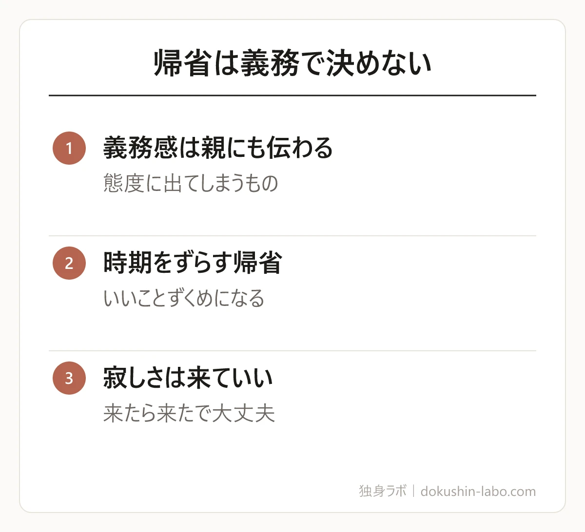 帰省は義務で決めない(義務感は親にも伝わる、時期をずらす帰省、寂しさは来ていい)の図解